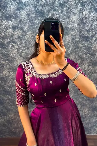 Wine silk Blend  party wear anarkali gown with zari embroidery