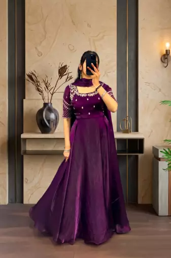 Wine silk Blend  party wear anarkali gown with zari embroidery