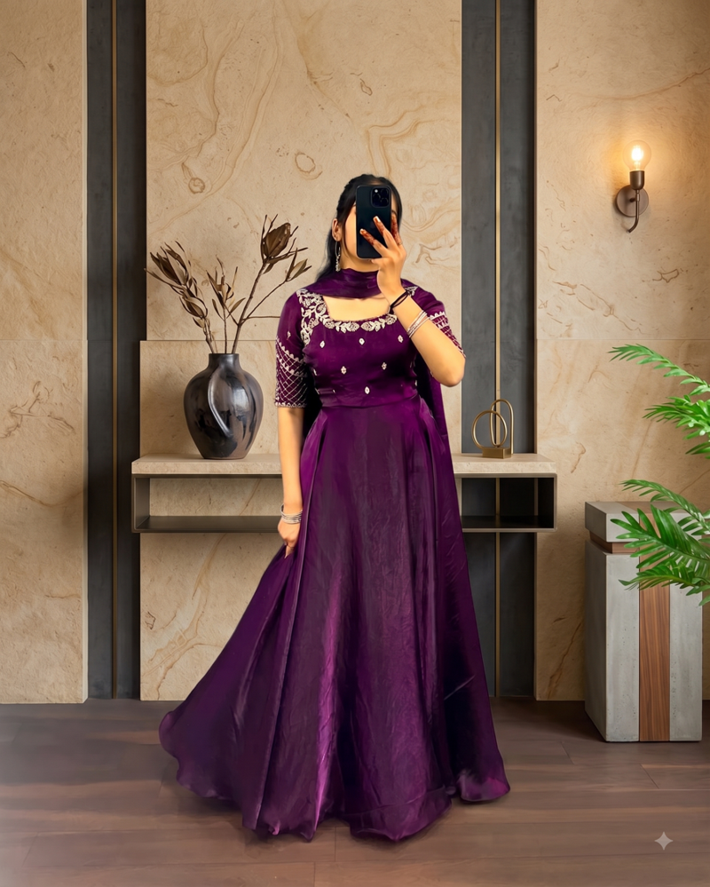 Wine silk Blend  party wear anarkali gown with zari embroidery