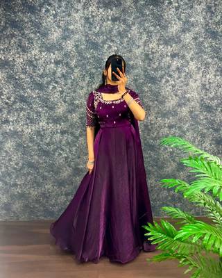 Wine silk Blend  party wear anarkali gown with zari embroidery 3