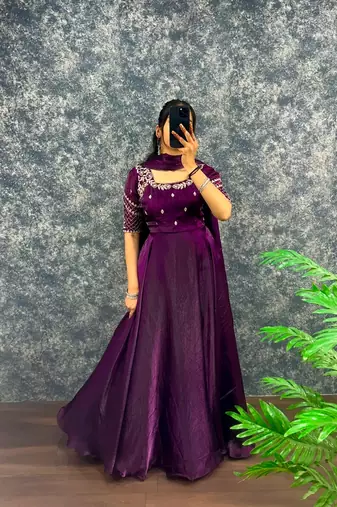 Wine silk Blend  party wear anarkali gown with zari embroidery