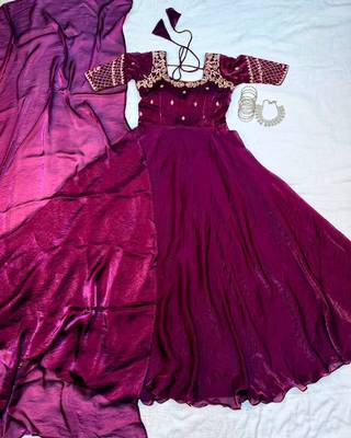 Wine silk Blend  party wear anarkali gown with zari embroidery 4