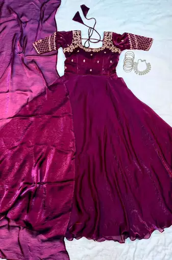 Wine silk Blend  party wear anarkali gown with zari embroidery