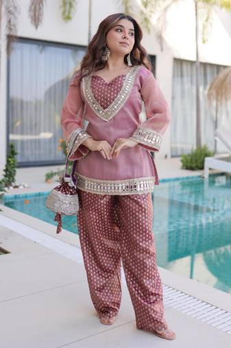 Peach Silk Readymade Suit with Real Mirror & Sequence Work