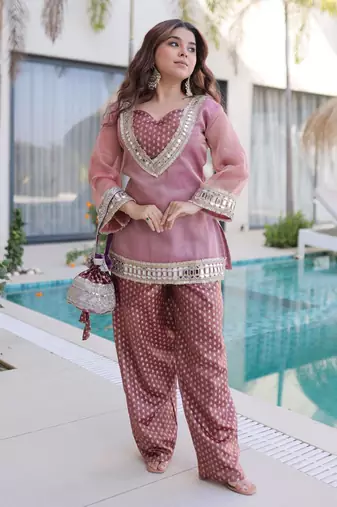 peach silk blend  readymade suit with real mirror & sequence work