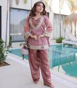 peach silk blend  readymade suit with real mirror & sequence work