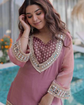 peach silk blend  readymade suit with real mirror & sequence work 2
