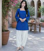blue silk blend  readymade suit with bandhej printed work