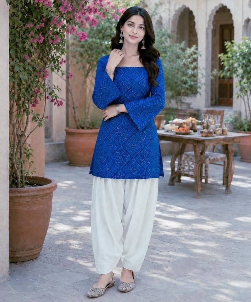 blue silk blend  readymade suit with bandhej printed work