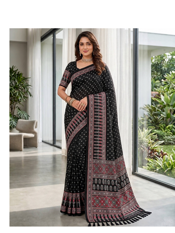 Black Colour Mirror-work Border And Red Pallu Finished With Red Tassels (Latkan) With Ajarakh Print Gajji Silk Saree 1