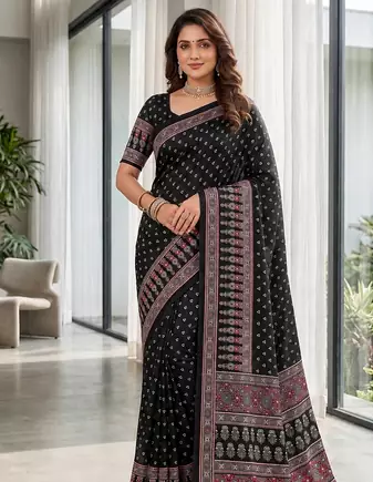 Black Colour Mirror-work Border And Red Pallu Finished With Red Tassels (Latkan) With Ajarakh Print Gajji Silk Saree