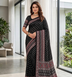 Black Colour Mirror-work Border And Red Pallu Finished With Red Tassels (Latkan) With Ajarakh Print Gajji Silk Saree