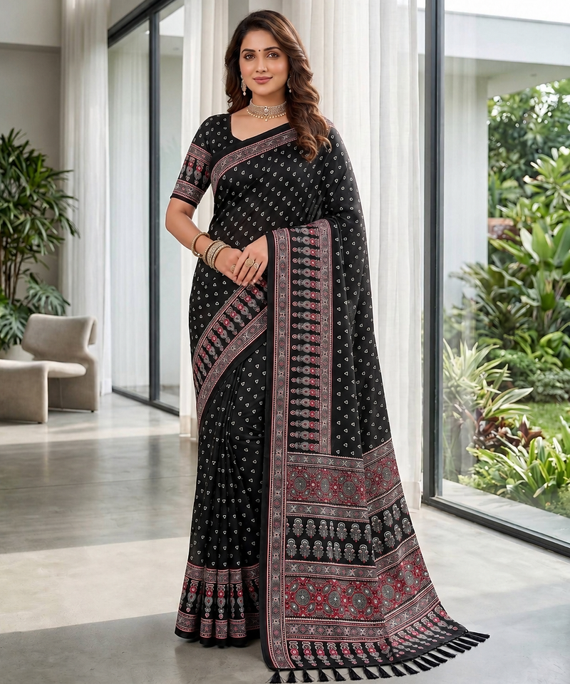 Black Colour Mirror-work Border And Red Pallu Finished With Red Tassels (Latkan) With Ajarakh Print Gajji Silk Saree