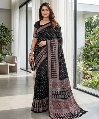 Black Colour Mirror-work Border And Red Pallu Finished With Red Tassels (Latkan) With Ajarakh Print Gajji Silk Saree 2
