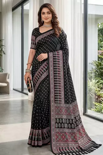 Black Colour Mirror-work Border And Red Pallu Finished With Red Tassels (Latkan) With Ajarakh Print Gajji Silk Saree