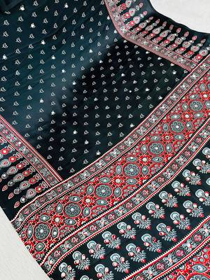 Black Colour Mirror-work Border And Red Pallu Finished With Red Tassels (Latkan) With Ajarakh Print Gajji Silk Saree 3