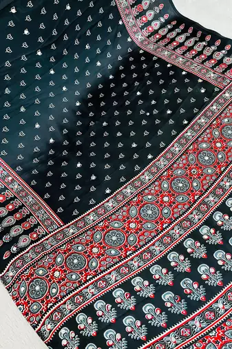 Black Colour Mirror-work Border And Red Pallu Finished With Red Tassels (Latkan) With Ajarakh Print Gajji Silk Saree