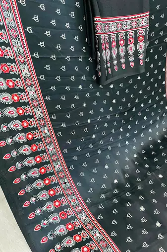 Black Colour Mirror-work Border And Red Pallu Finished With Red Tassels (Latkan) With Ajarakh Print Gajji Silk Saree