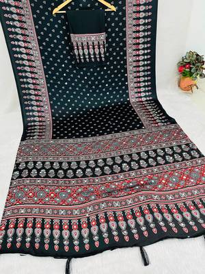 Black Colour Mirror-work Border And Red Pallu Finished With Red Tassels (Latkan) With Ajarakh Print Gajji Silk Saree 5