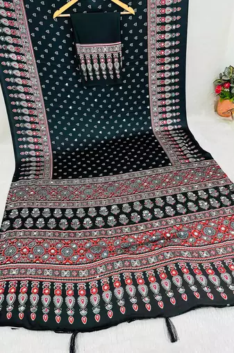 Black Colour Mirror-work Border And Red Pallu Finished With Red Tassels (Latkan) With Ajarakh Print Gajji Silk Saree