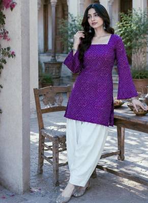 purple silk blend  readymade suit with bandhej printed work 1