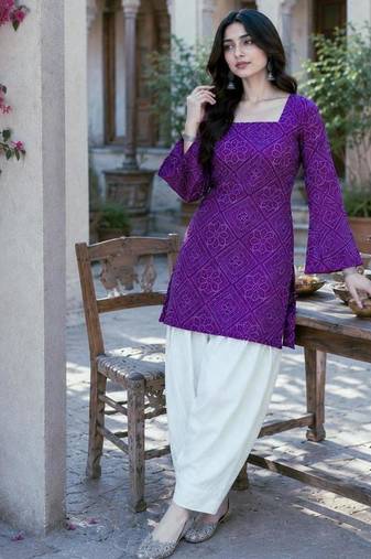 purple silk blend  readymade suit with bandhej printed work