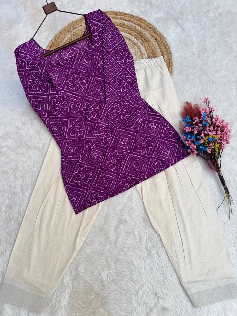 purple silk blend  readymade suit with bandhej printed work