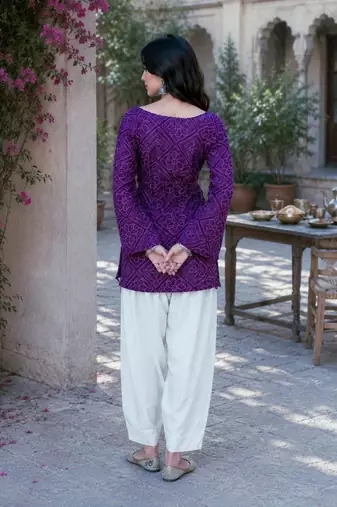purple silk blend  readymade suit with bandhej printed work