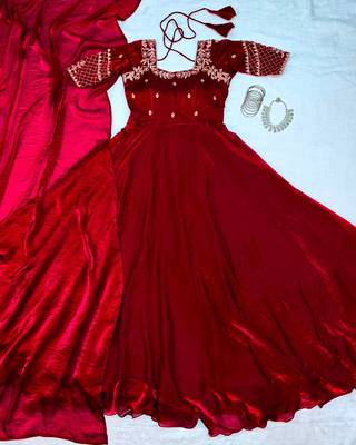 Maroon silk Blend  party wear anarkali gown with zari embroidery 1