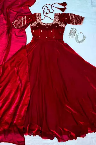Maroon silk Blend  party wear anarkali gown with zari embroidery