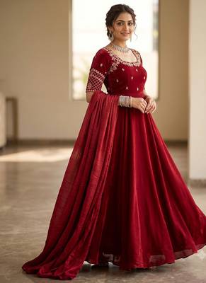 Maroon silk Blend  party wear anarkali gown with zari embroidery 1