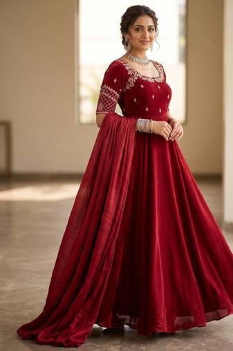 Maroon silk Blend  party wear anarkali gown with zari embroidery