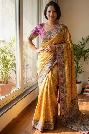Yellow Color Gold Zari and Ribbon work and real mirror & diamond hand work with beautiful print Silk_Blend Saree 