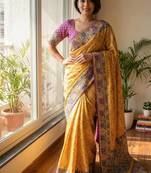 Yellow Color Gold Zari and Ribbon work and real mirror & diamond hand work with beautiful print Silk_Blend Saree 