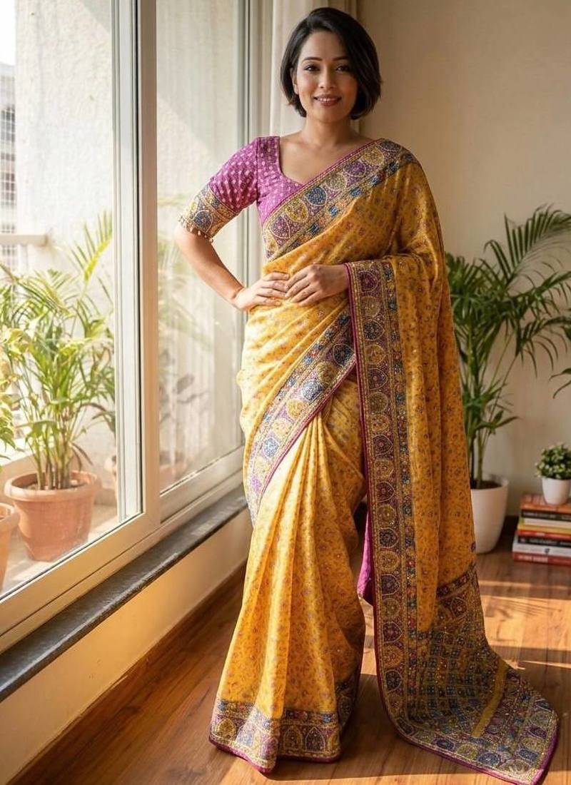 Yellow Color Gold Zari and Ribbon work and real mirror & diamond hand work with beautiful print Silk_Blend Saree 