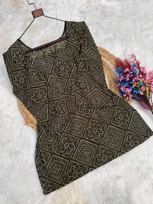 mehendi silk blend  readymade suit with bandhej printed work 4