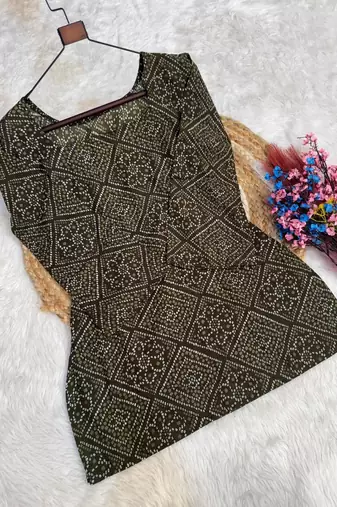 mehendi silk blend  readymade suit with bandhej printed work