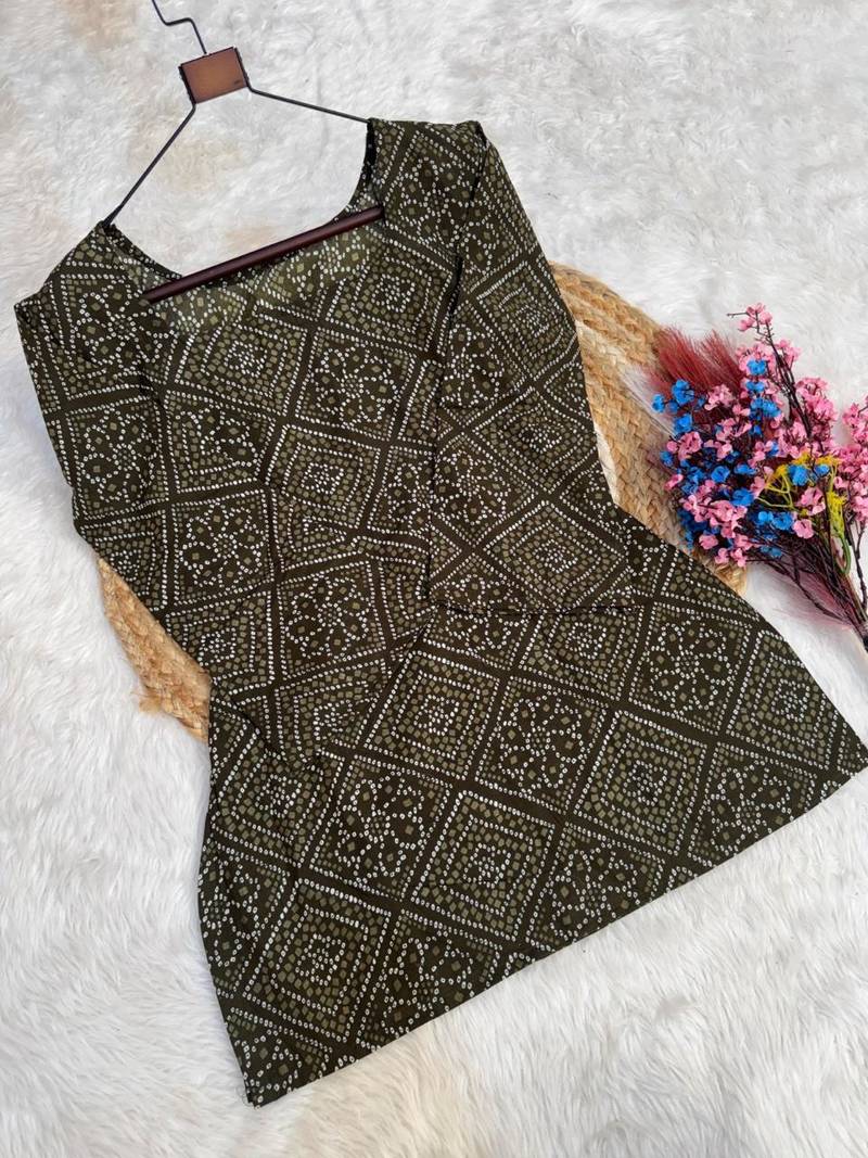 mehendi silk blend  readymade suit with bandhej printed work