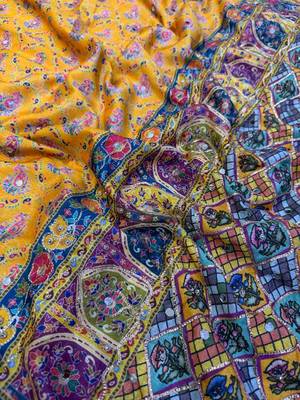 Yellow Color Gold Zari and Ribbon work and real mirror & diamond hand work with beautiful print Silk_Blend Saree  2