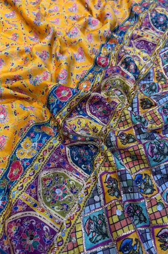 Yellow Color Gold Zari and Ribbon work and real mirror & diamond hand work with beautiful print Silk_Blend Saree 