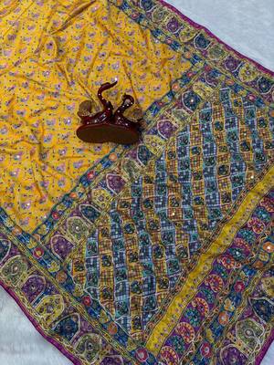 Yellow Color Gold Zari and Ribbon work and real mirror & diamond hand work with beautiful print Silk_Blend Saree  3