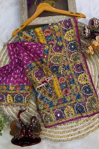 Yellow Color Gold Zari and Ribbon work and real mirror & diamond hand work with beautiful print Silk_Blend Saree 
