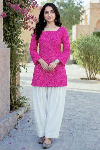 pink silk blend  readymade suit with bandhej printed work
