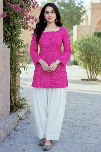 pink silk blend  readymade suit with bandhej printed work