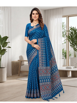 Blue Colour Mirror-work Border And Red Pallu Finished With Red Tassels (Latkan) With Ajarakh Print Gajji Silk Saree 1