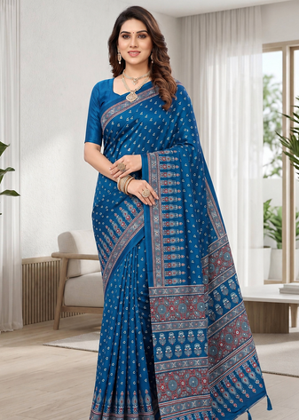 Blue Colour Mirror-work Border And Red Pallu Finished With Red Tassels (Latkan) With Ajarakh Print Gajji Silk Saree