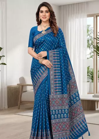 Blue Colour Mirror-work Border And Red Pallu Finished With Red Tassels (Latkan) With Ajarakh Print Gajji Silk Saree