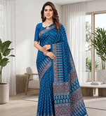 Blue Colour Mirror-work Border And Red Pallu Finished With Red Tassels (Latkan) With Ajarakh Print Gajji Silk Saree
