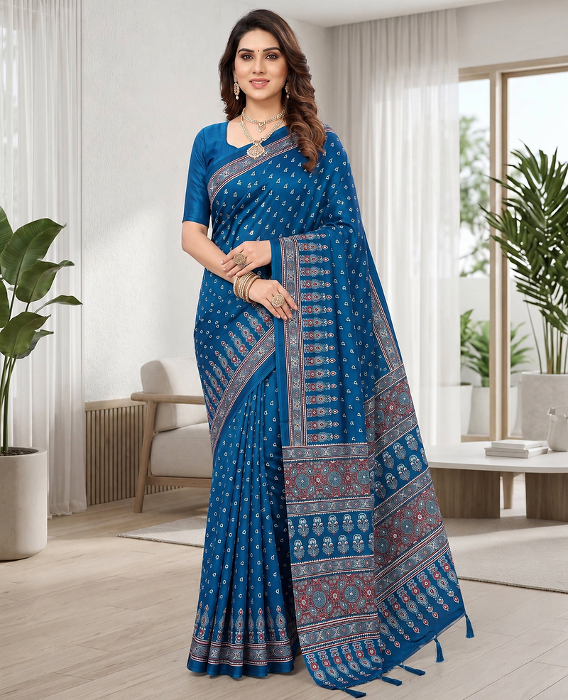 Blue Colour Mirror-work Border And Red Pallu Finished With Red Tassels (Latkan) With Ajarakh Print Gajji Silk Saree