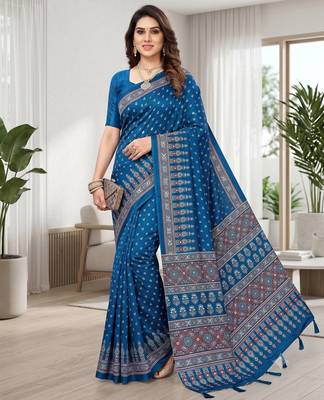 Blue Colour Mirror-work Border And Red Pallu Finished With Red Tassels (Latkan) With Ajarakh Print Gajji Silk Saree 2
